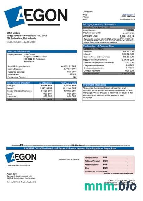 Holandia Aegon Bank wyciąg z kredytu hipotecznego szablon Word i PDF